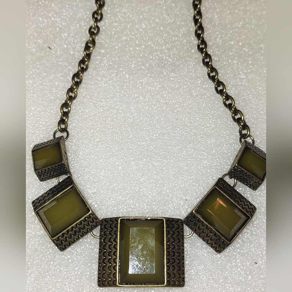 Seaweed Green & Antique Brass Metal Square Statement Necklace